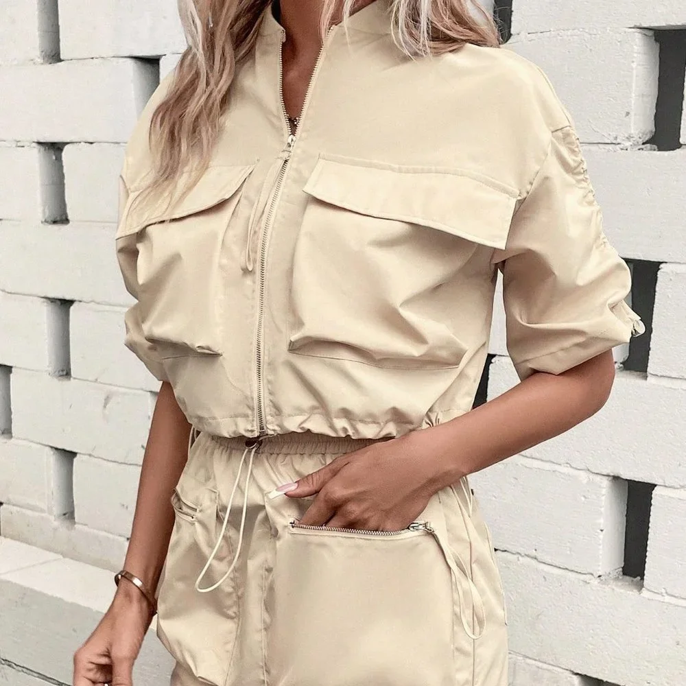 Khaki Casual Womens Flap Pocket Drawstring Hem Jacket & Skirt - Picture 3 of 5